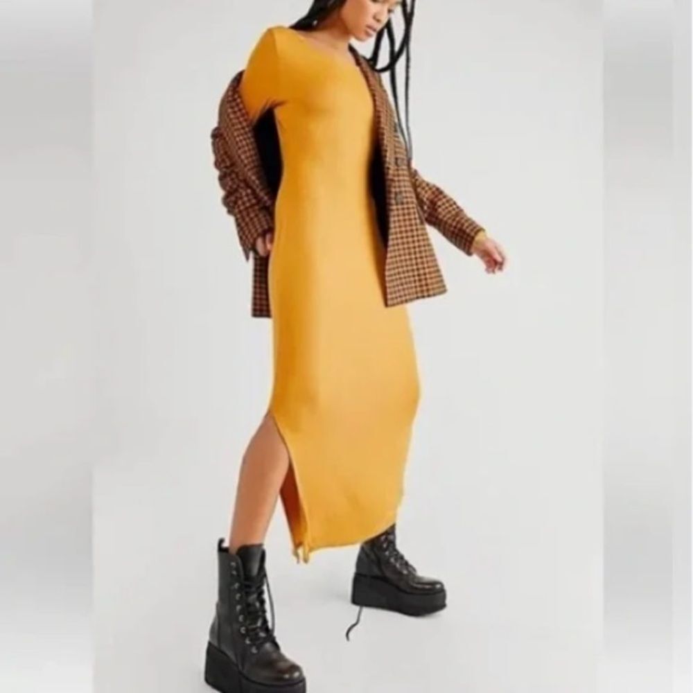 Free People Beach Luna Midi Slit Gold Ribbed Cross Tie Back Dress Sz XS